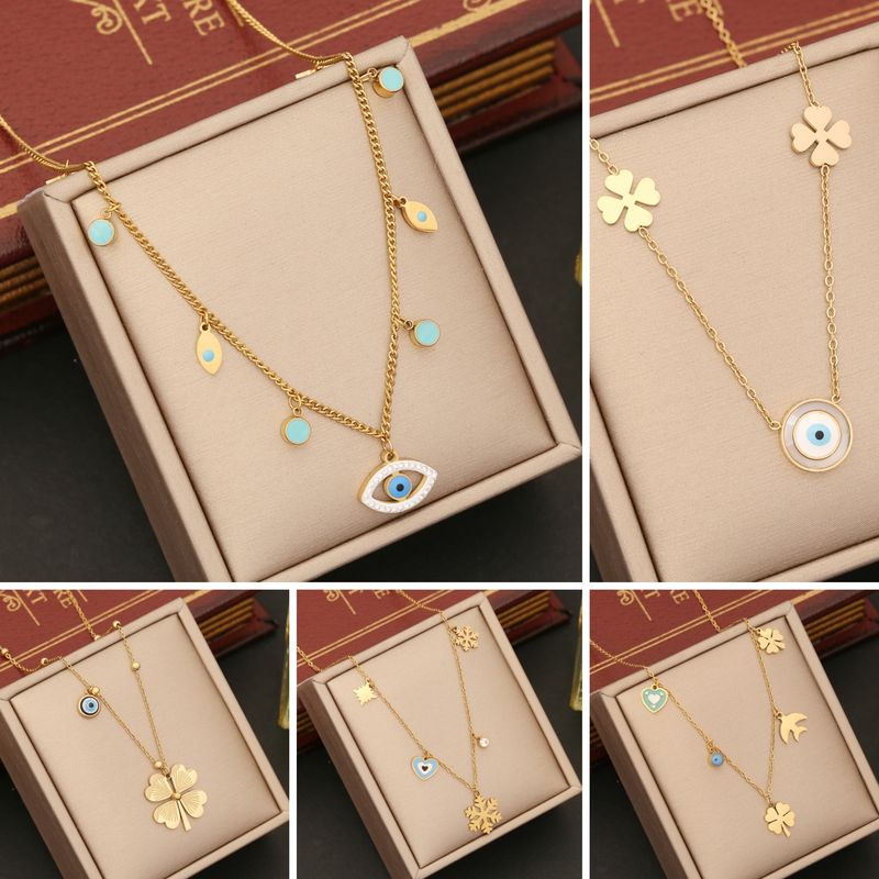 Wholesale IG Style Four Leaf Clover Eye Snowflake Stainless Steel Enamel Plating 18K Gold Plated Necklace