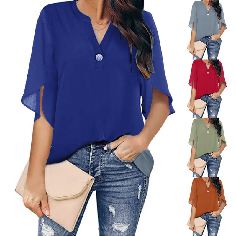 Women's Blouse Half Sleeve T-shirts Button Casual Basic Simple Style Solid Color