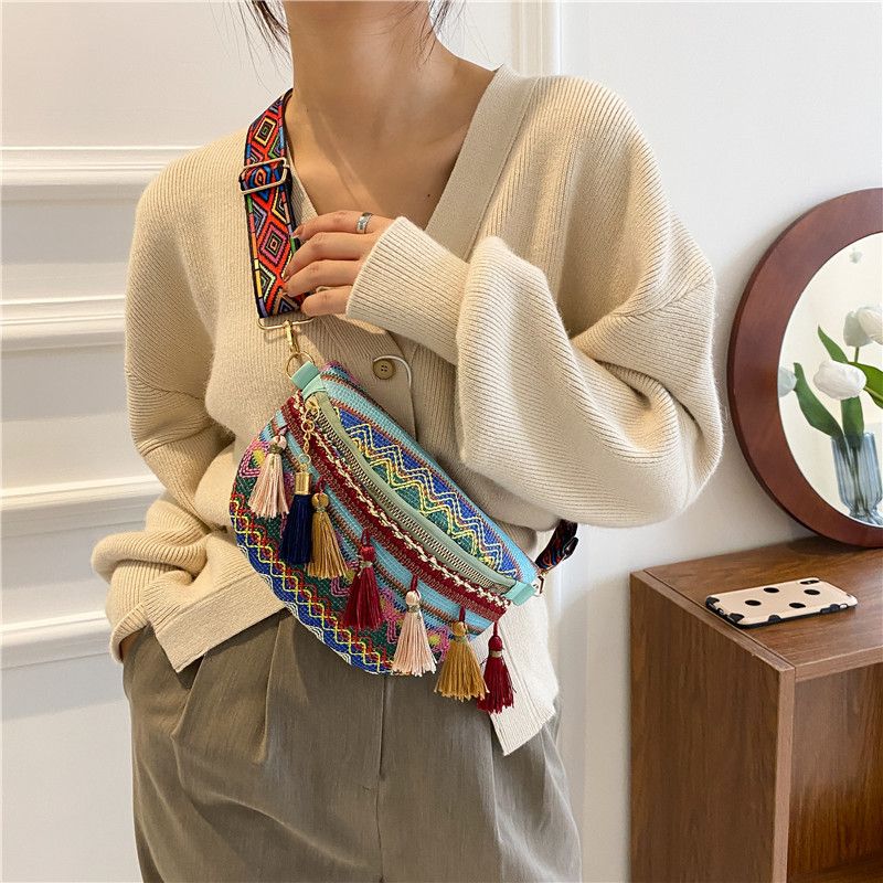 Women's Basic Ethnic Style Color Block Stripe Straw Waist Bags