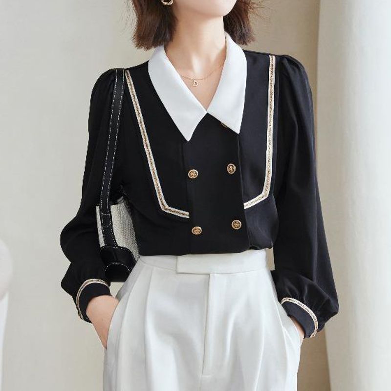 Women's Blouse Long Sleeve Blouses Buckle Patchwork Button Elegant Sexy Solid Color