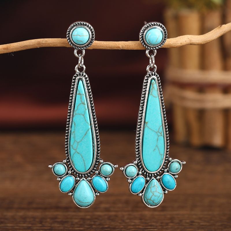 Rétro Style Ethnique Rond Alliage Incruster Turquoise Femmes Boucles D'oreilles
