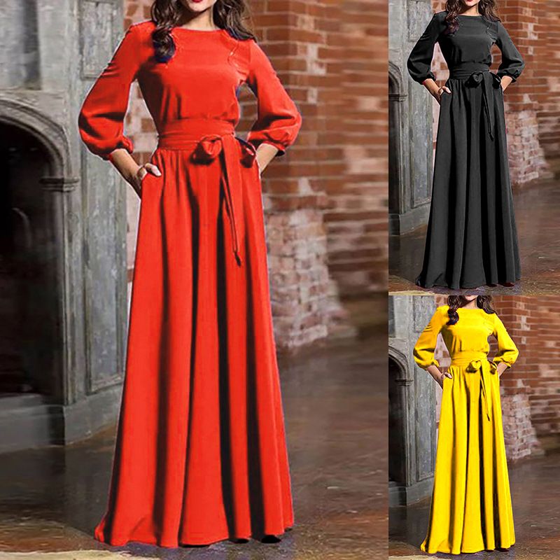 Women's Regular Dress British Style Round Neck Printing Long Sleeve Solid Color Maxi Long Dress Daily