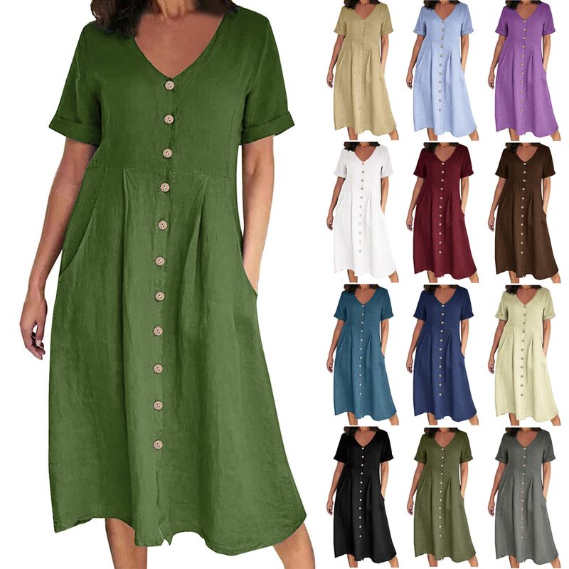 Women's A-line Skirt Streetwear V Neck Patchwork Button Short Sleeve Solid Color Midi Dress Street