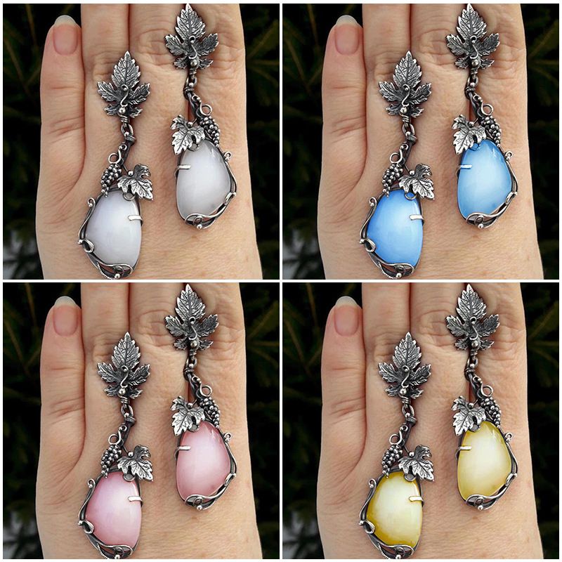 Retro Water Droplets Alloy Inlay Carving Opal Women's Drop Earrings