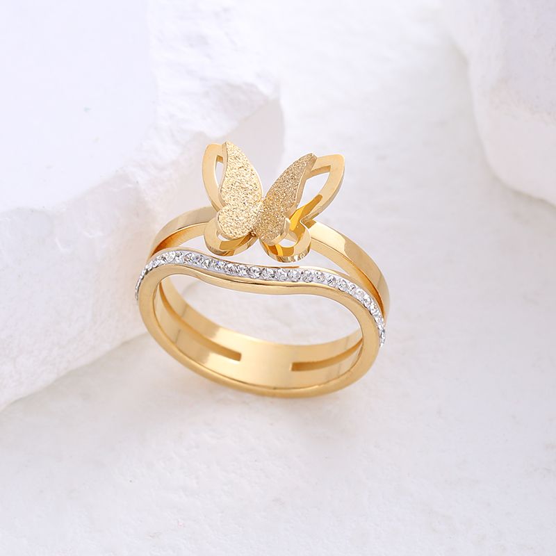 304 Stainless Steel 18K Gold Plated Rose Gold Plated Simple Style Plating Inlay Butterfly Artificial Rhinestones Rings