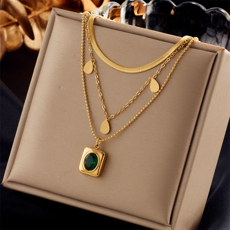 Vintage Style Rectangle Titanium Steel Plating Inlay Glass Stone 18k Gold Plated Layered Necklaces