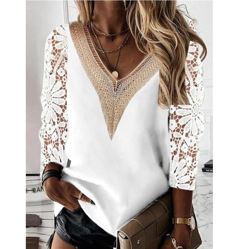 Women's Nine Points Sleeve Blouses Patchwork Hollow Out Elegant Solid Color