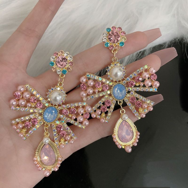 Fairy Style Elegant Water Droplets Bow Knot Alloy Inlay Artificial Rhinestones Artificial Pearls Women's Drop Earrings