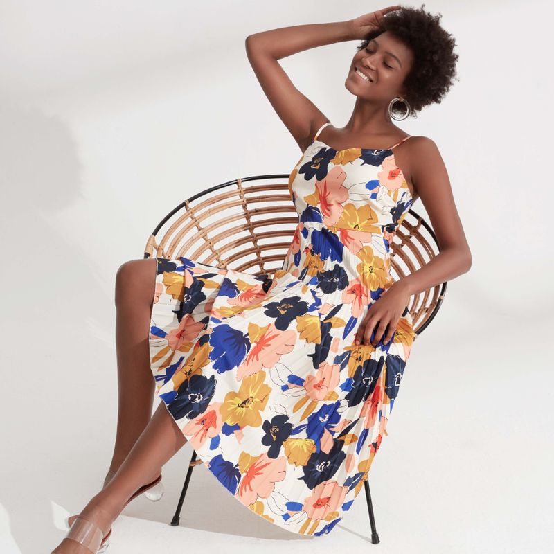 Women's Pleated Skirt Pastoral V Neck Printing Patchwork Sleeveless Flower Midi Dress Daily