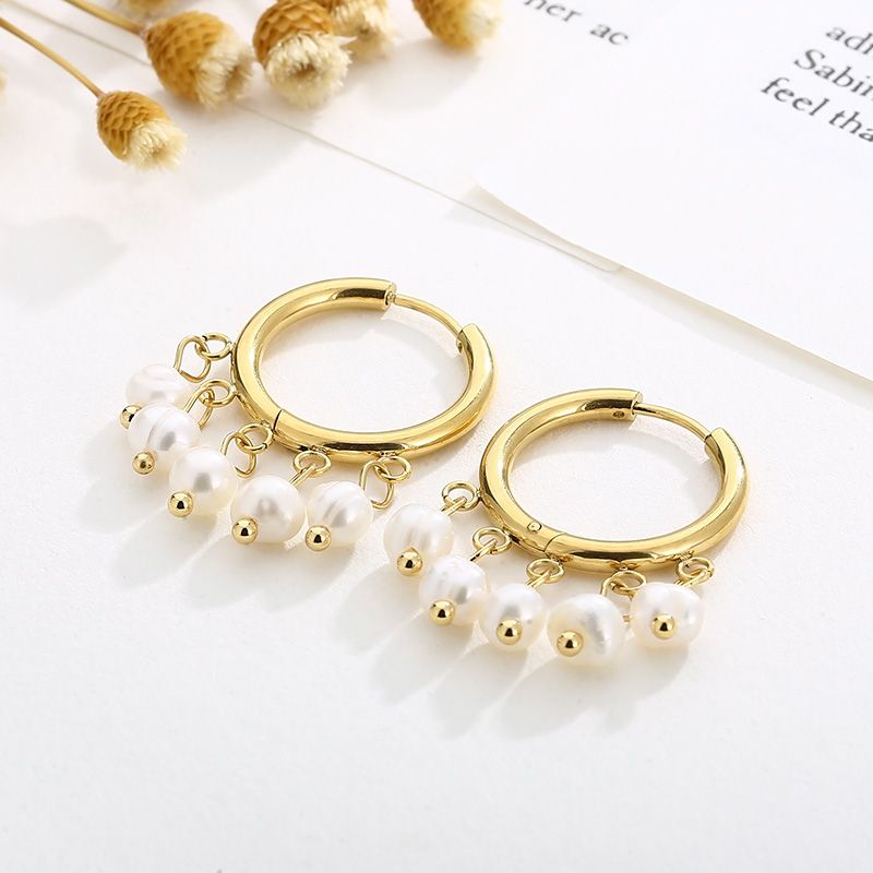1 Pair Vintage Style French Style Round Pearl Plating Stainless Steel 18K Gold Plated Drop Earrings