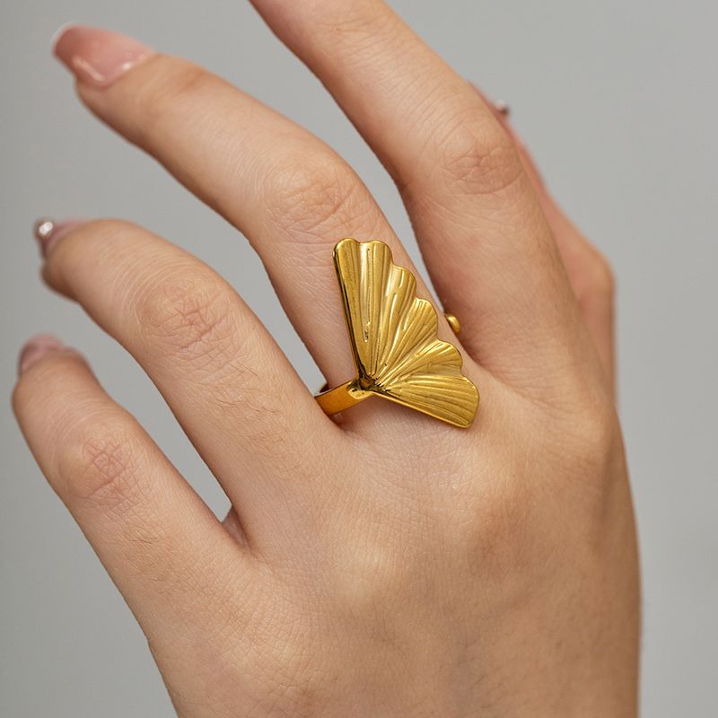 Elegant Ginkgo Leaf Stainless Steel 18k Gold Plated Open Ring In Bulk