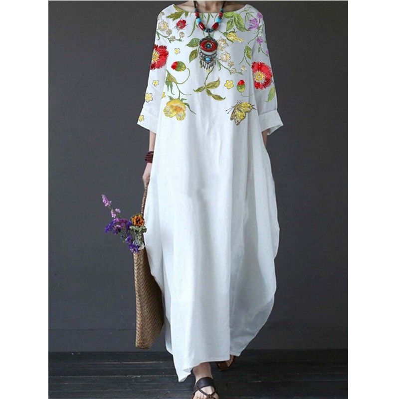 Women's Regular Dress Vintage Style Ethnic Style Round Neck Printing 3/4 Length Sleeve Flower Maxi Long Dress Holiday Tea Party
