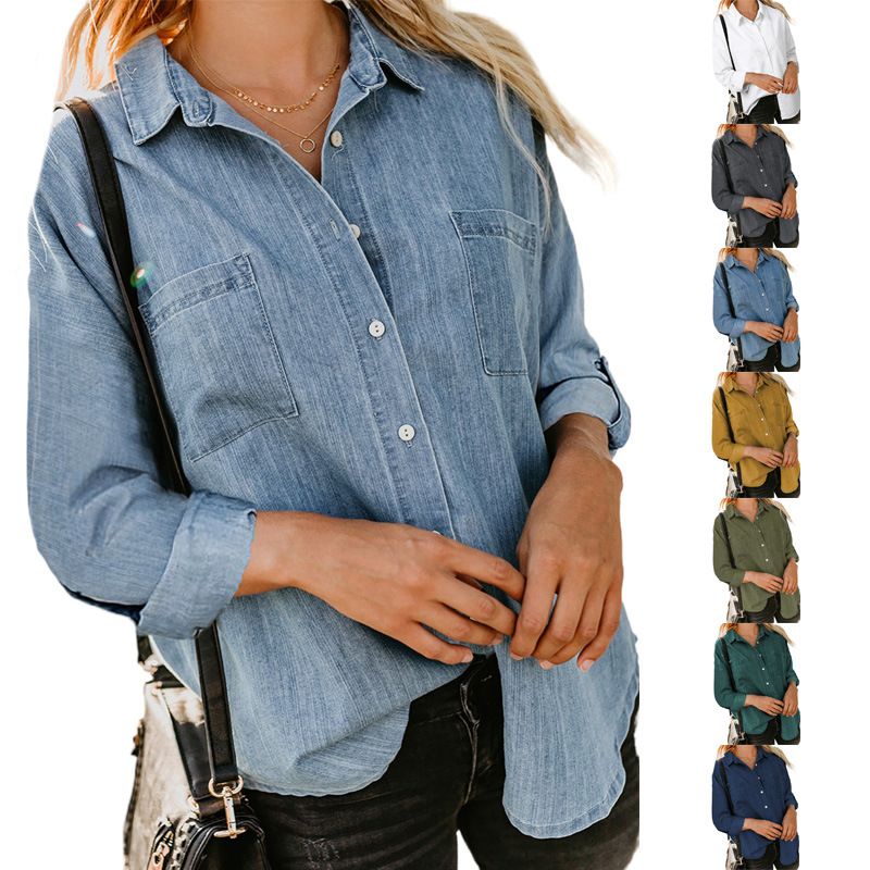 امرأة بلوزة كم طويل البلوزات جيب خليط غير رسمي النمط الكلاسيكي اللون الصامد