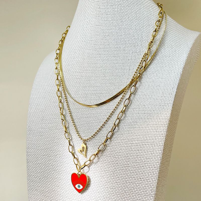 304 Stainless Steel Gold Plated Casual Hip-Hop Polishing Enamel Plating Heart Shape Eye Pendant Necklace