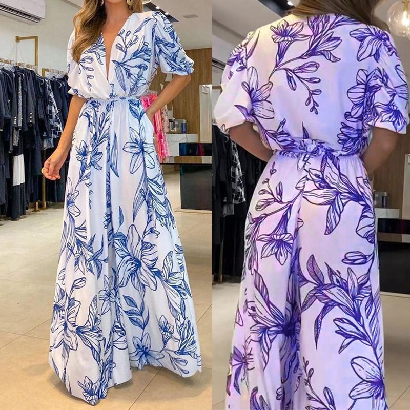 Women's A-line Skirt Elegant V Neck Printing Half Sleeve Flower Maxi Long Dress Daily