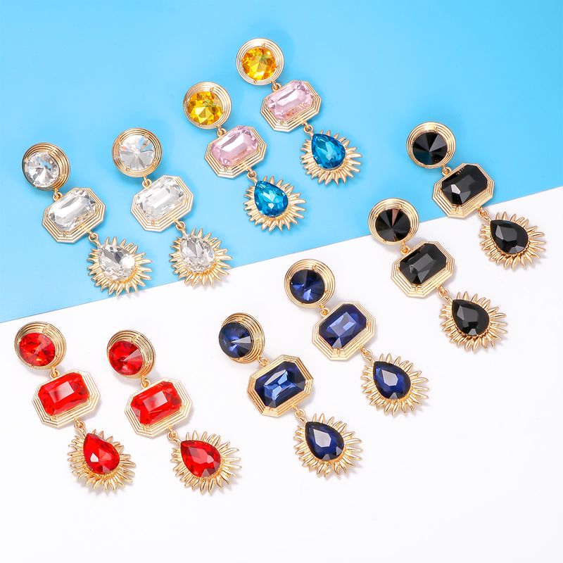 Elegant Luxurious Streetwear Round Square Water Droplets Alloy Inlay Glass Stone Women's Drop Earrings
