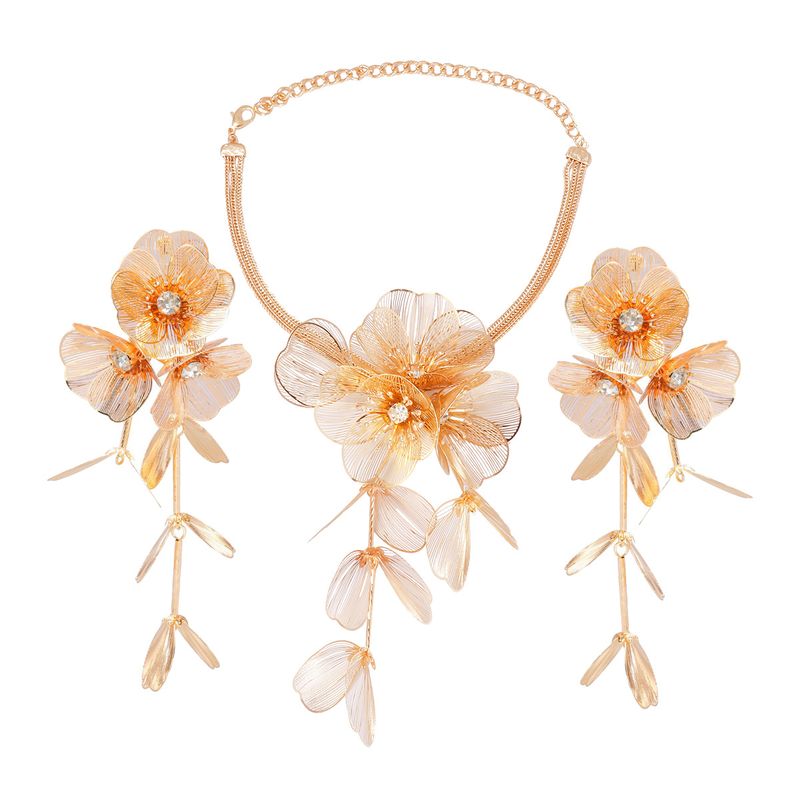 Glam Luxurious Flower 14k Gold Plated Rhinestones Alloy Wholesale Earrings Necklace