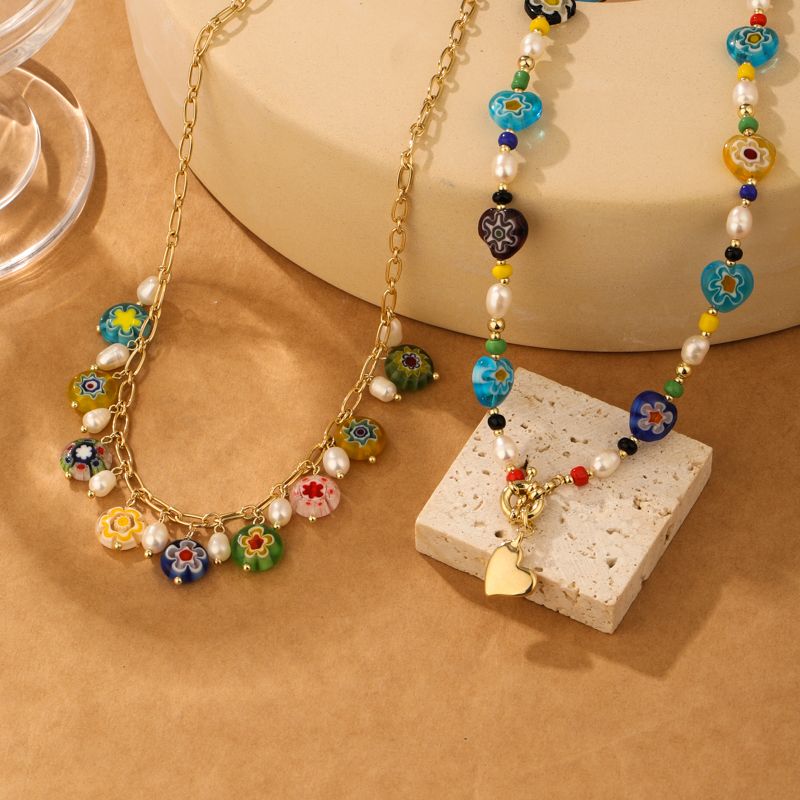 Ferien Herzform Süßwasserperle Glas Kupfer Perlen Blumen 14 Karat Vergoldet Halskette Mit Anhänger