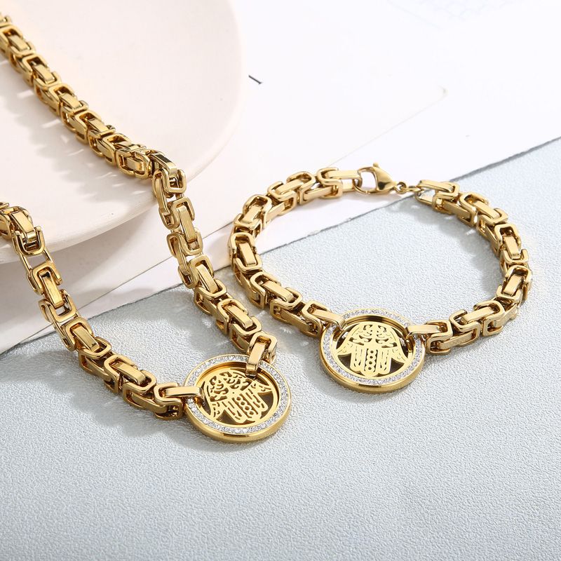 Titanium Steel 18K Gold Plated Elegant Plating Inlay Round Palm Artificial Diamond Bracelets Necklace