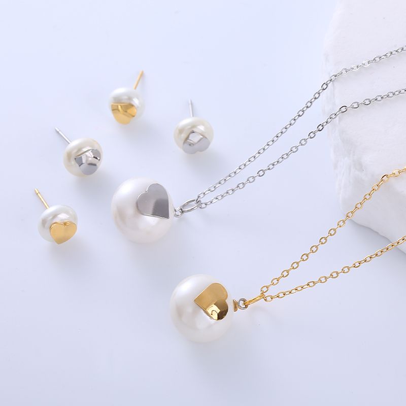 304 Stainless Steel 18K Gold Plated Elegant Lady Simple Style Plating Inlay Geometric Pearl Earrings Necklace