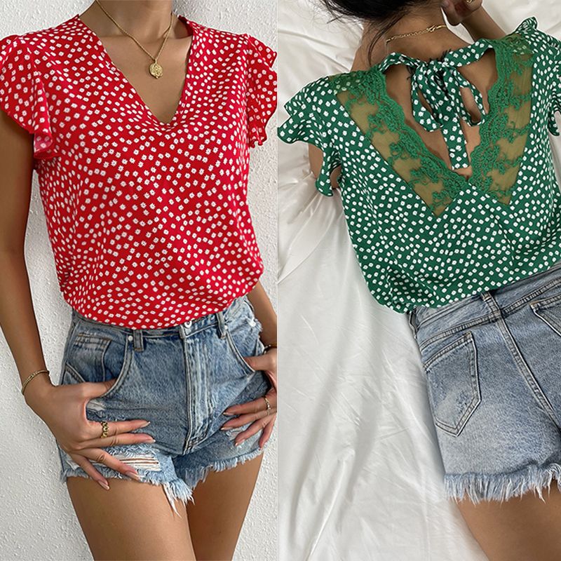 Women's Chiffon Shirt Short Sleeve Blouses Lace Elegant Sexy Romantic Polka Dots