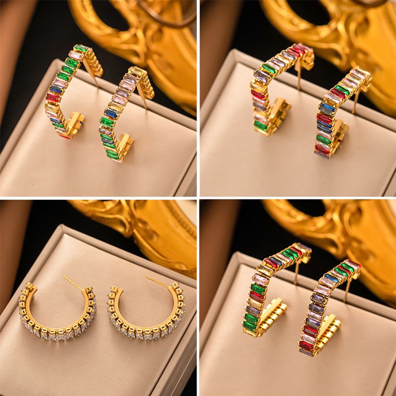 1 Pair IG Style C Shape Triangle Square Inlay 304 Stainless Steel Artificial Rhinestones 18K Gold Plated Ear Studs