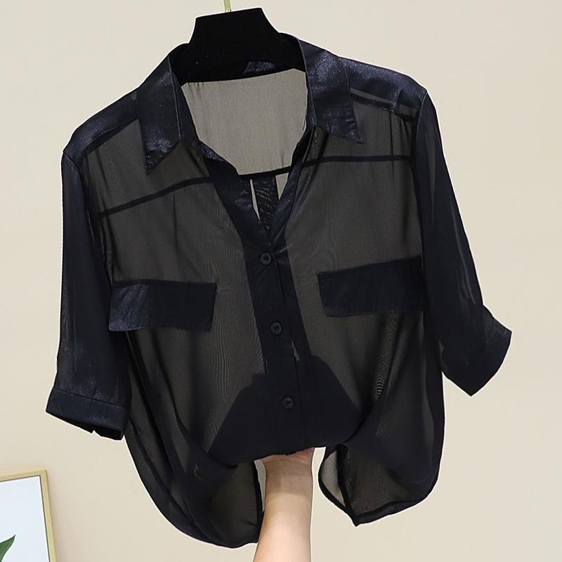 Women's Chiffon Shirt Short Sleeve Blouses Fake Pockets Front Button Casual Simple Style Simple Solid Color