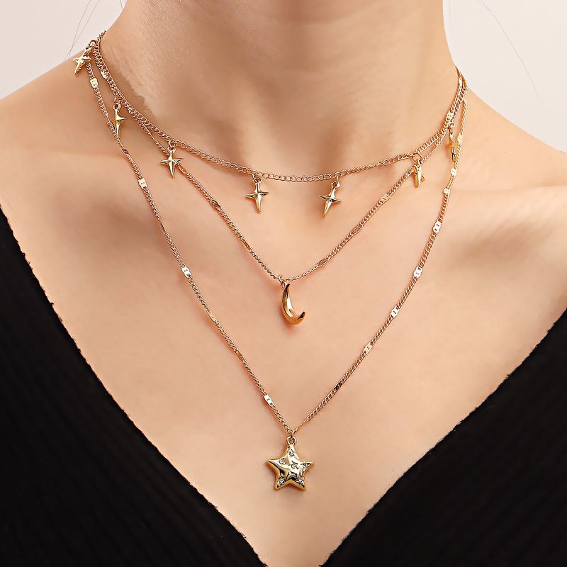 Retro Star Moon Alloy Inlay Rhinestones Women's Layered Necklaces