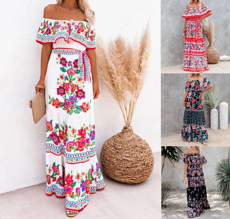 Women's Swing Dress Vacation Boat Neck Printing Sleeveless Flower Maxi Long Dress Daily