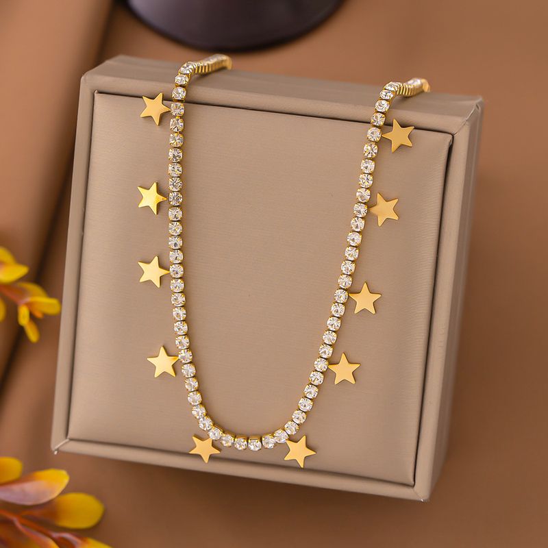 304 Stainless Steel 18K Gold Plated Lady Plating Inlay Star Artificial Rhinestones Bracelets Necklace