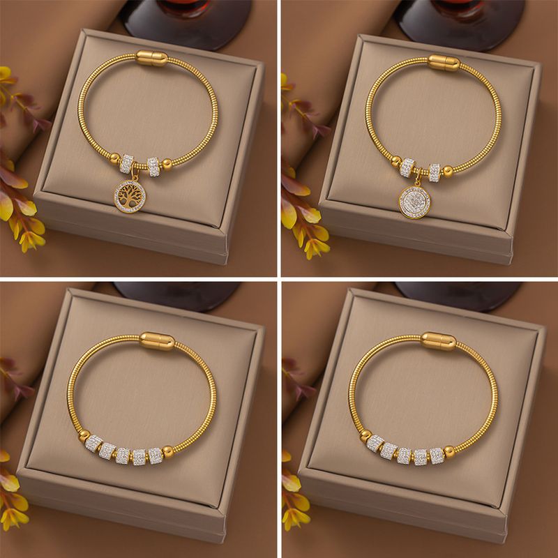 Casual Solid Color 304 Stainless Steel 18K Gold Plated Artificial Rhinestones Bangle In Bulk