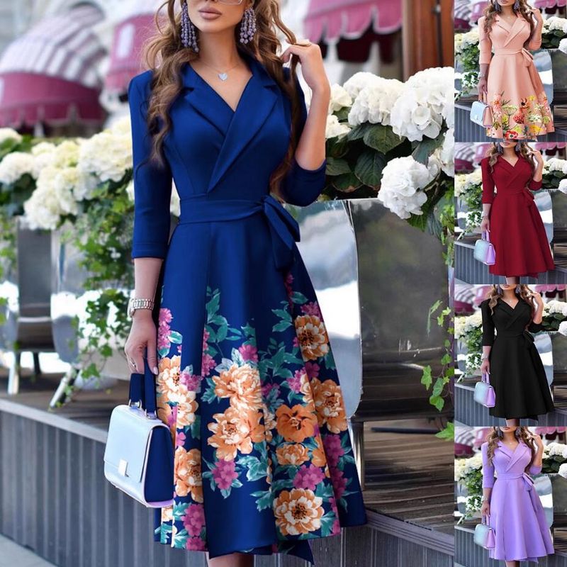 Women's Regular Dress Casual Elegant V Neck Printing Belt 3/4 Length Sleeve Solid Color Flower Midi Dress Weekend Daily