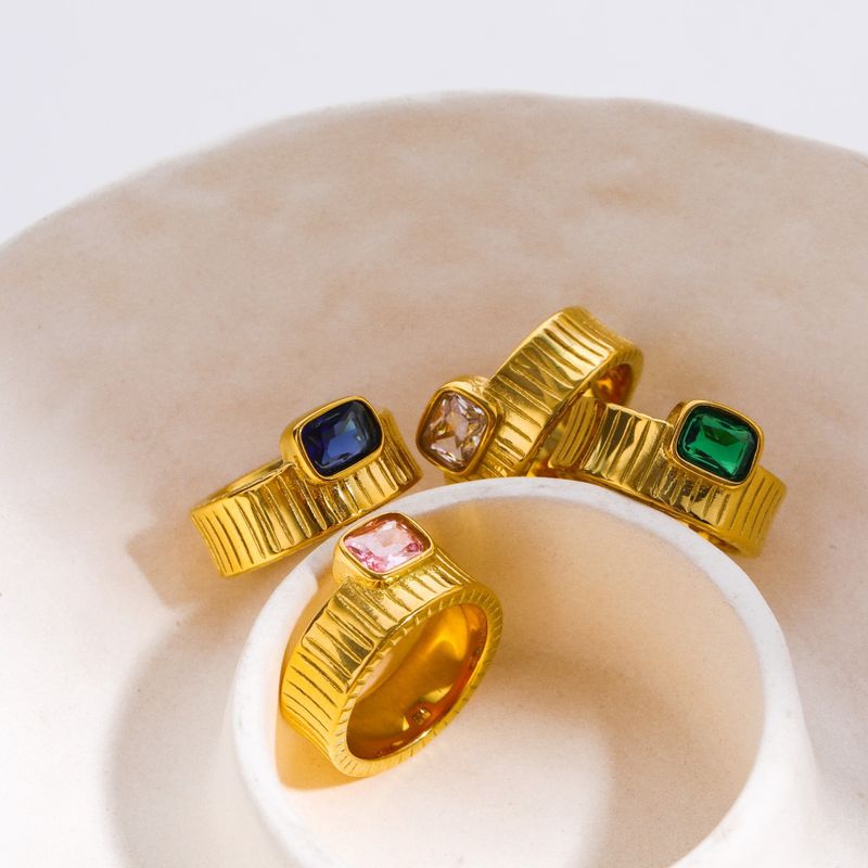 304 Stainless Steel Gold Plated Retro Plating Inlay Square Zircon Rings