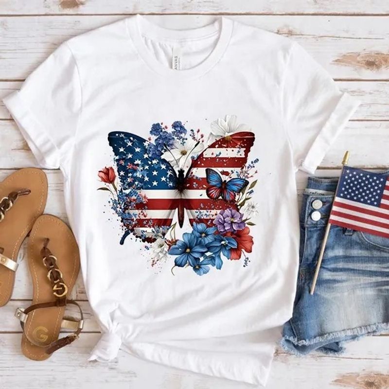 Mujeres Playera Manga Corta Camisetas Impresión Casual Bandera Estadounidense Mariposa