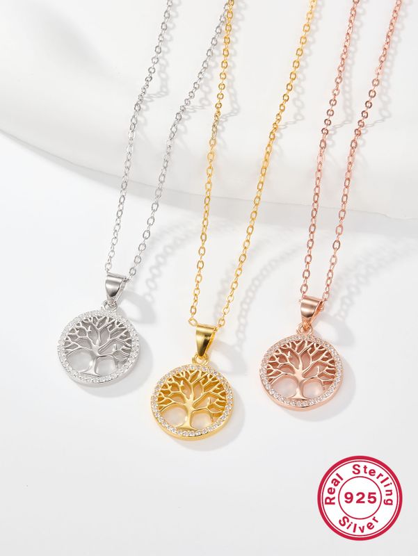 Casual Simple Style Round Tree Sterling Silver Plating Hollow Out Inlay Zircon 18k Gold Plated White Gold Plated Pendant Necklace