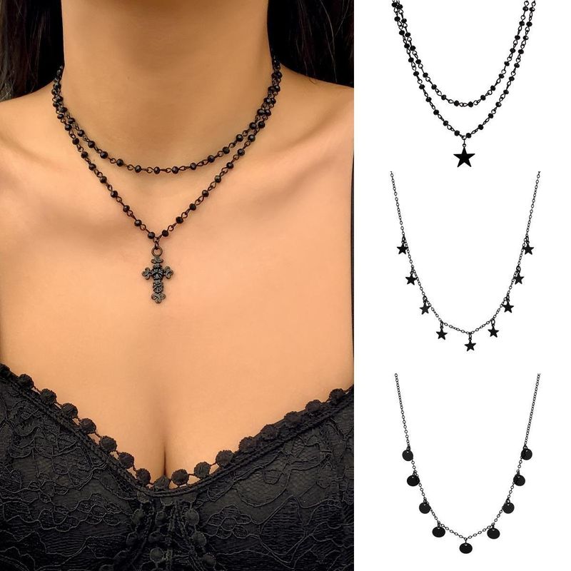 Wholesale Jewelry Punk Cool Style Cross Star Rose Alloy Crystal Iron Plating Layered Necklaces