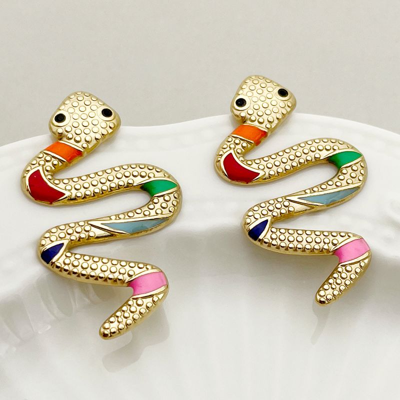 1 Pair Exaggerated Funny Snake Polishing Enamel Plating 304 Stainless Steel 14K Gold Plated Ear Studs