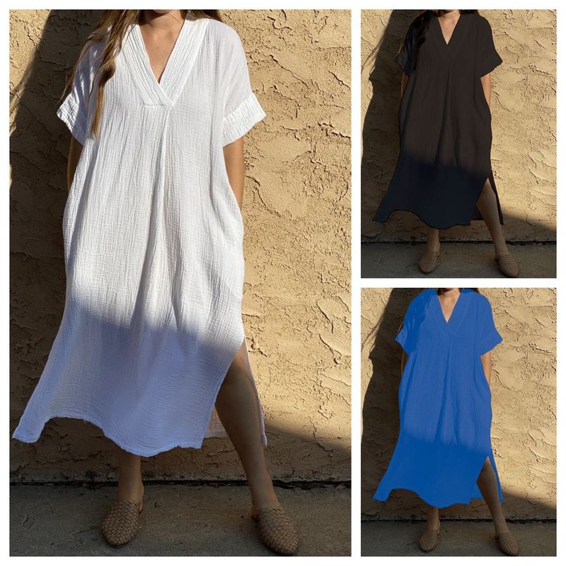 Women's Slit Dress Casual V Neck Short Sleeve Solid Color Maxi Long Dress Daily