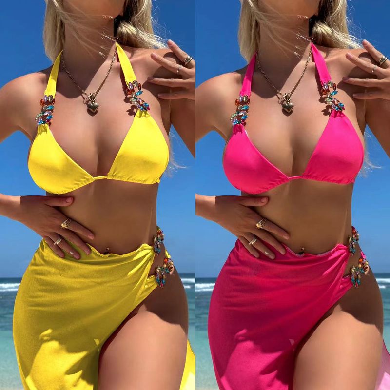 Mujeres Vacaciones Sexy Color Sólido Hilo Neto Juego De 3 Piezas Bikinis