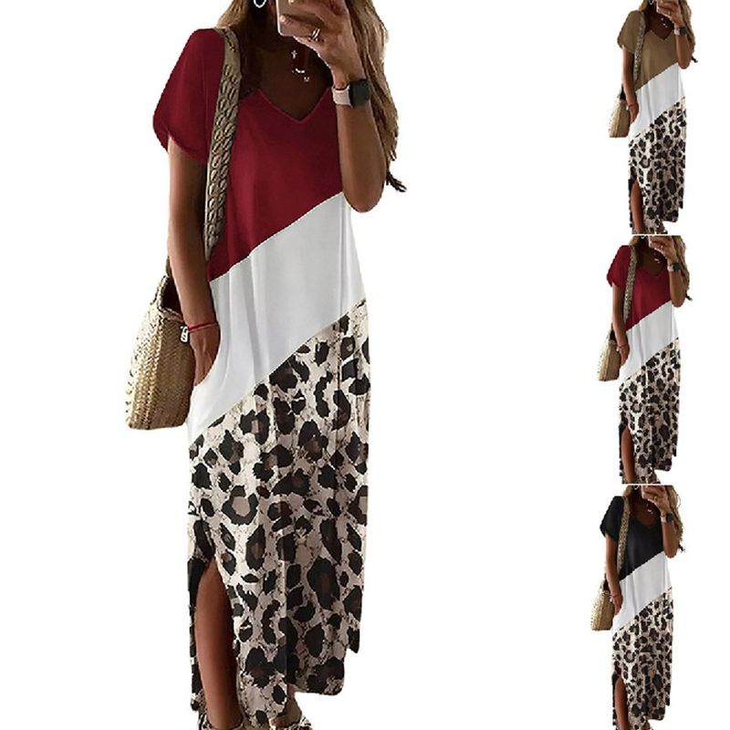Women's Slit Dress Casual Vacation Round Neck Short Sleeve Color Block Leopard Maxi Long Dress Holiday