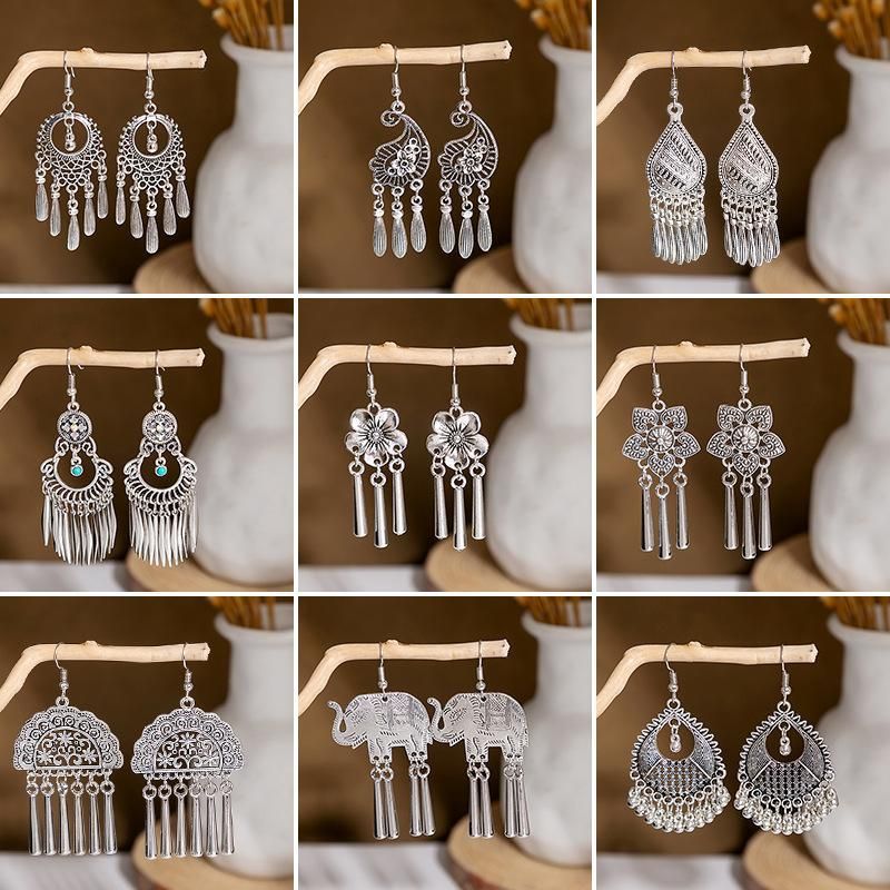 1 Pair Retro Ethnic Style Leaf Water Droplets Tassel Plating Hollow Out Alloy Drop Earrings
