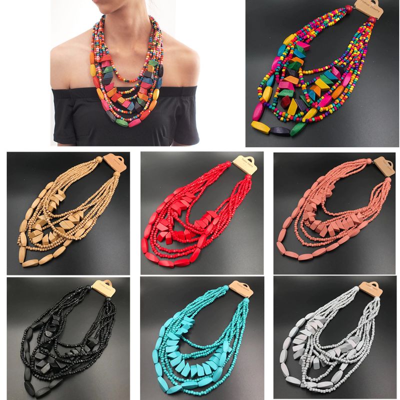 Retro Ethnic Style Colorful Solid Color Wood Beaded Women's Long Necklace