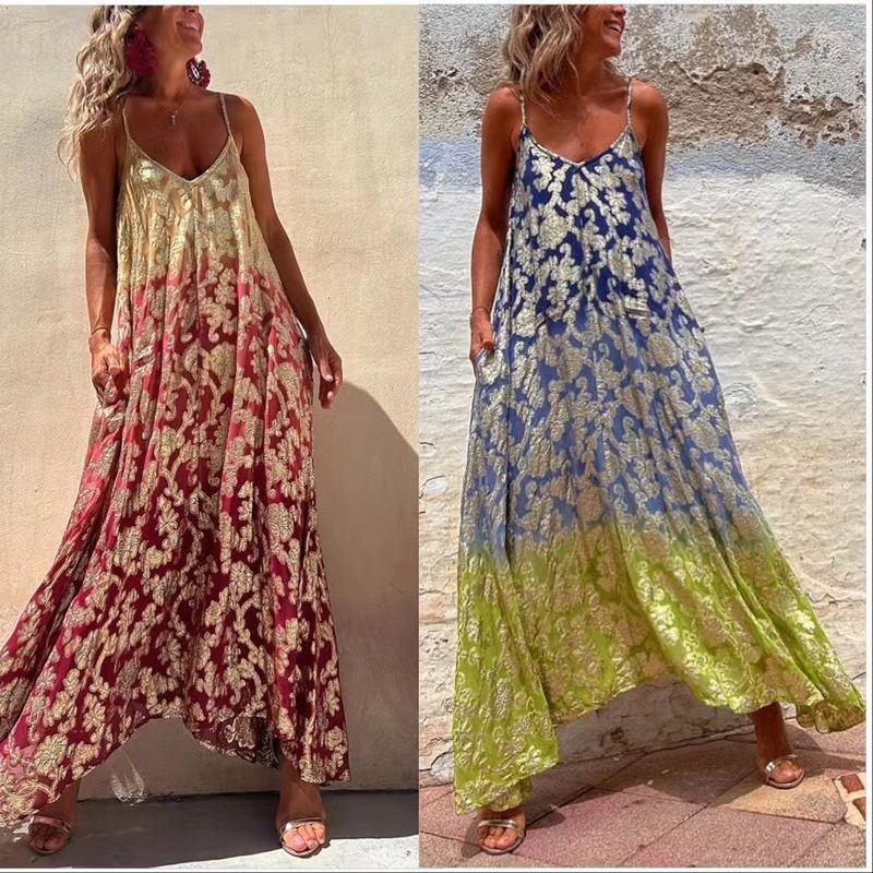 Femmes Robe Trapèze Vacances Impression Sans Manches Dégradé De Couleur Maxi Longue Robe Vacances