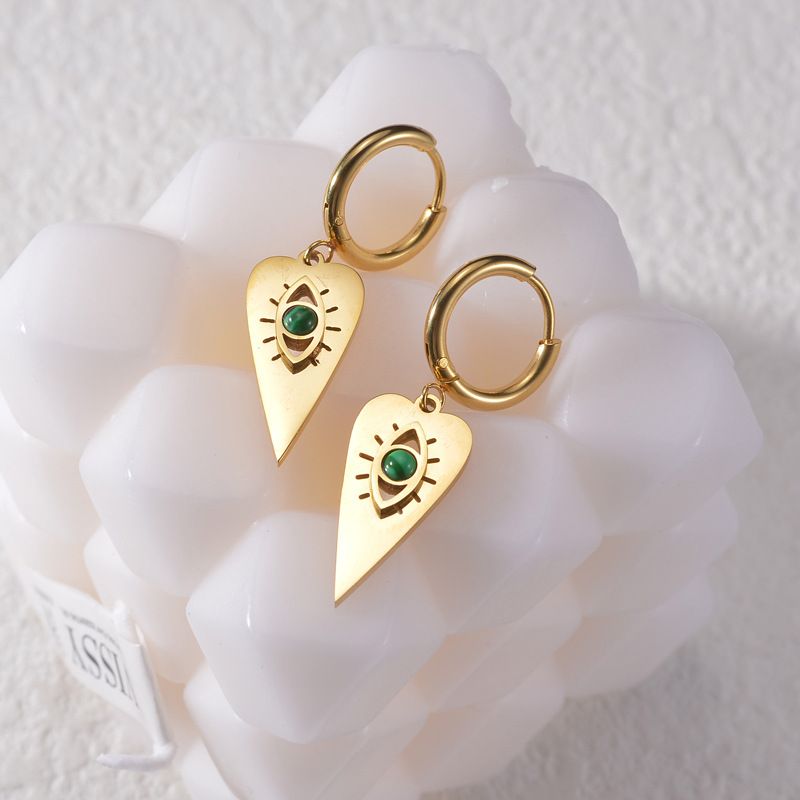 1 Pair Retro French Style Devil'S Eye Heart Shape Plating Inlay 304 Stainless Steel Natural Stone 18K Gold Plated Drop Earrings