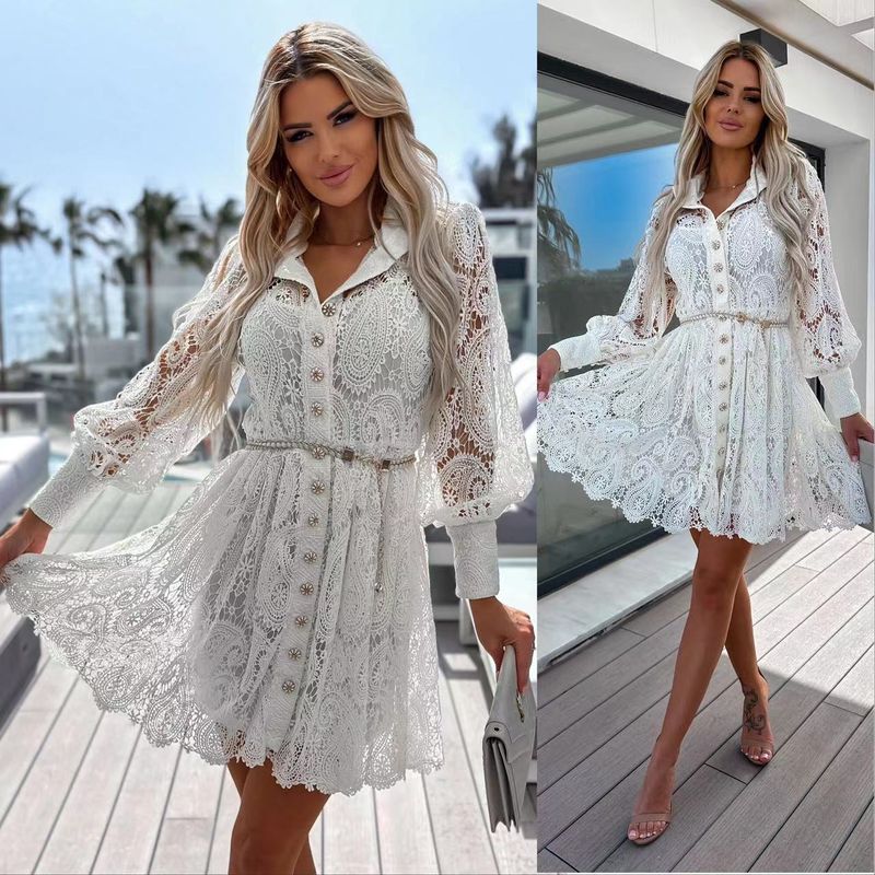 Women's Lace Dress Casual Pastoral Shirt Collar Jacquard Hollow Out Long Sleeve Solid Color Above Knee Daily