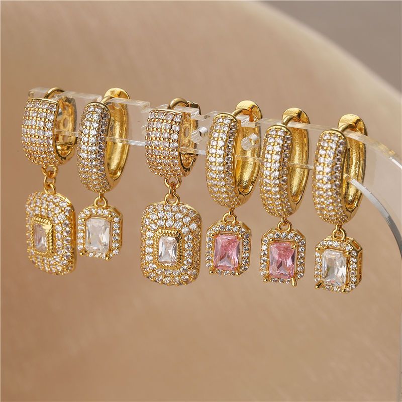 1 Pair Elegant Shiny Square Plating Inlay Copper Artificial Diamond 18k Gold Plated Drop Earrings