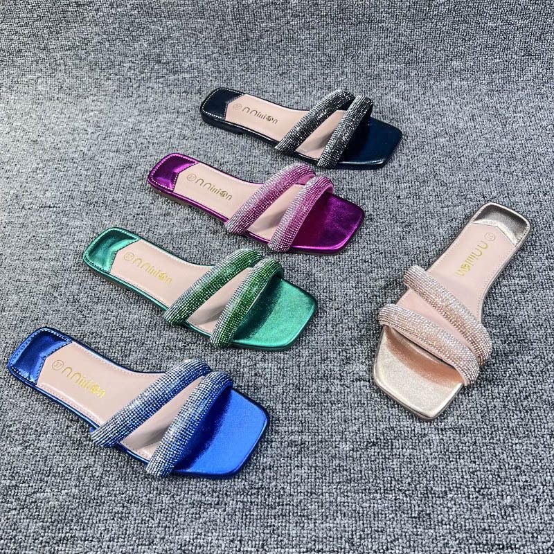 Women's Casual Color Block Square Toe Slides Slippers