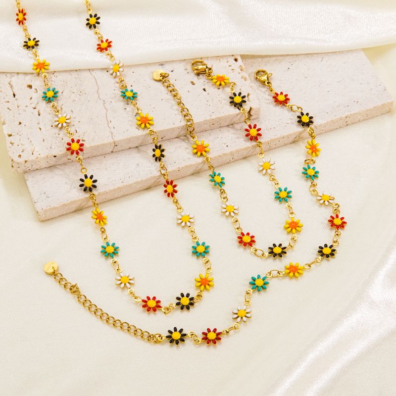 304 Stainless Steel 14K Gold Plated Sweet Enamel Flower Bracelets Anklet Necklace