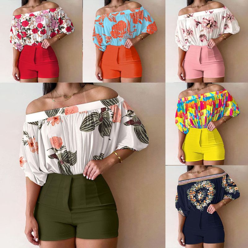Women's Fashion Colorful Flower Rayon Spandex Polyester Printing Pocket Washed Shorts Sets