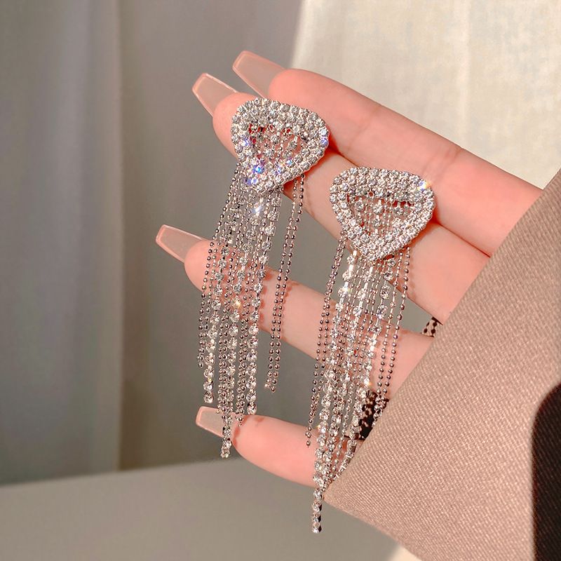 1 Pair Exaggerated Shiny Tassel Heart Shape Plating Inlay Alloy Zircon Silver Plated Drop Earrings